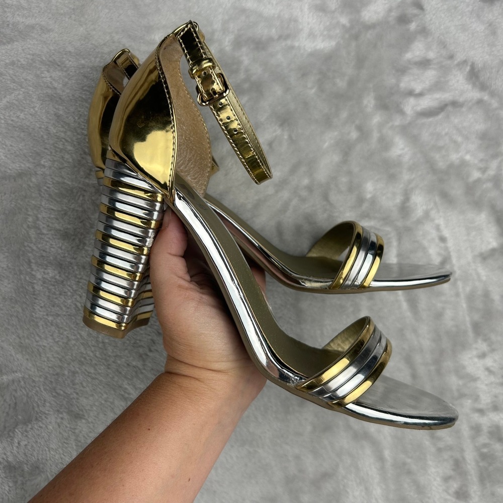 Guess Holiday Party Gold Silver Ankle Strap Dress Sandals Block Heel Shoes size9